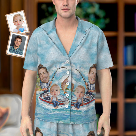 Personalised Dad & Son Fishing Face Pyjamas – matching short pyjama set with custom photo face prints on notched-lapel shirts and elastic-waist shorts, ideal Father's Day gift for dads and sons
