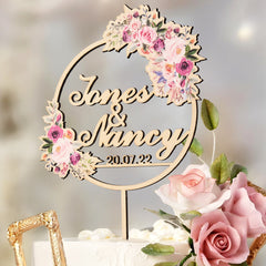 Personalised Wooden Wedding Cake Topper with Custom Names & Dates