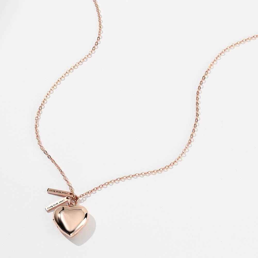 Custom Heart Photo Locket Necklace with Two Engraved Bars