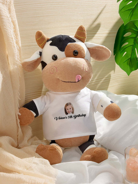 Personalised cow plush teddy with custom name and printed photo face — soft cuddly gift 31×40cm