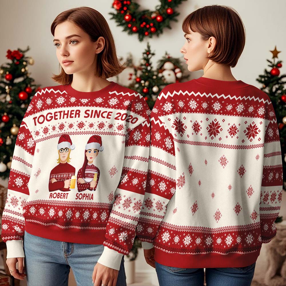 Personalised cartoon Christmas jumper front view with custom name and funny ugly sweater design, sizes S–5XL, polyester