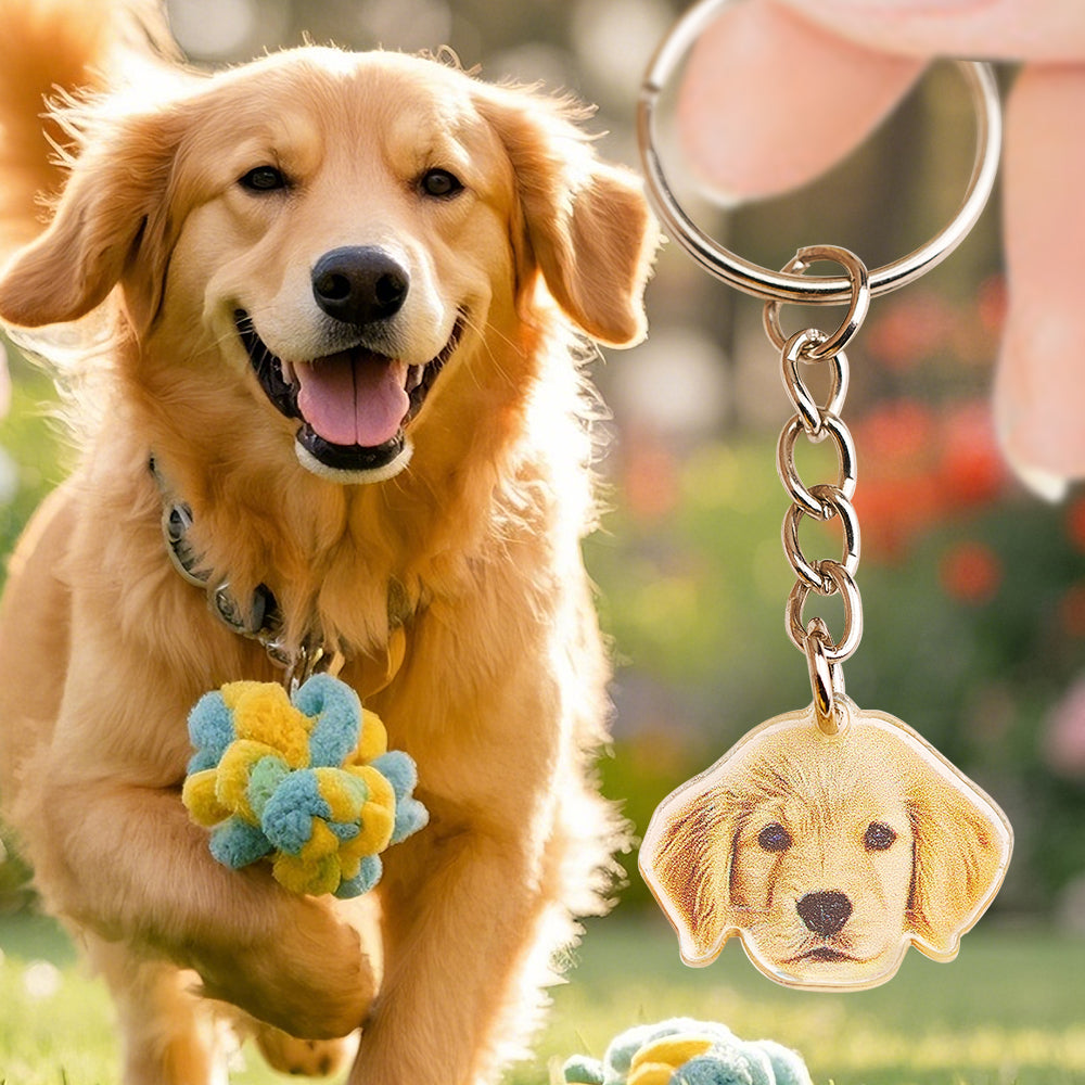 Close-up of personalised acrylic charm with printed cat portrait on a solid split ring — ideal personalised pet portrait keychain