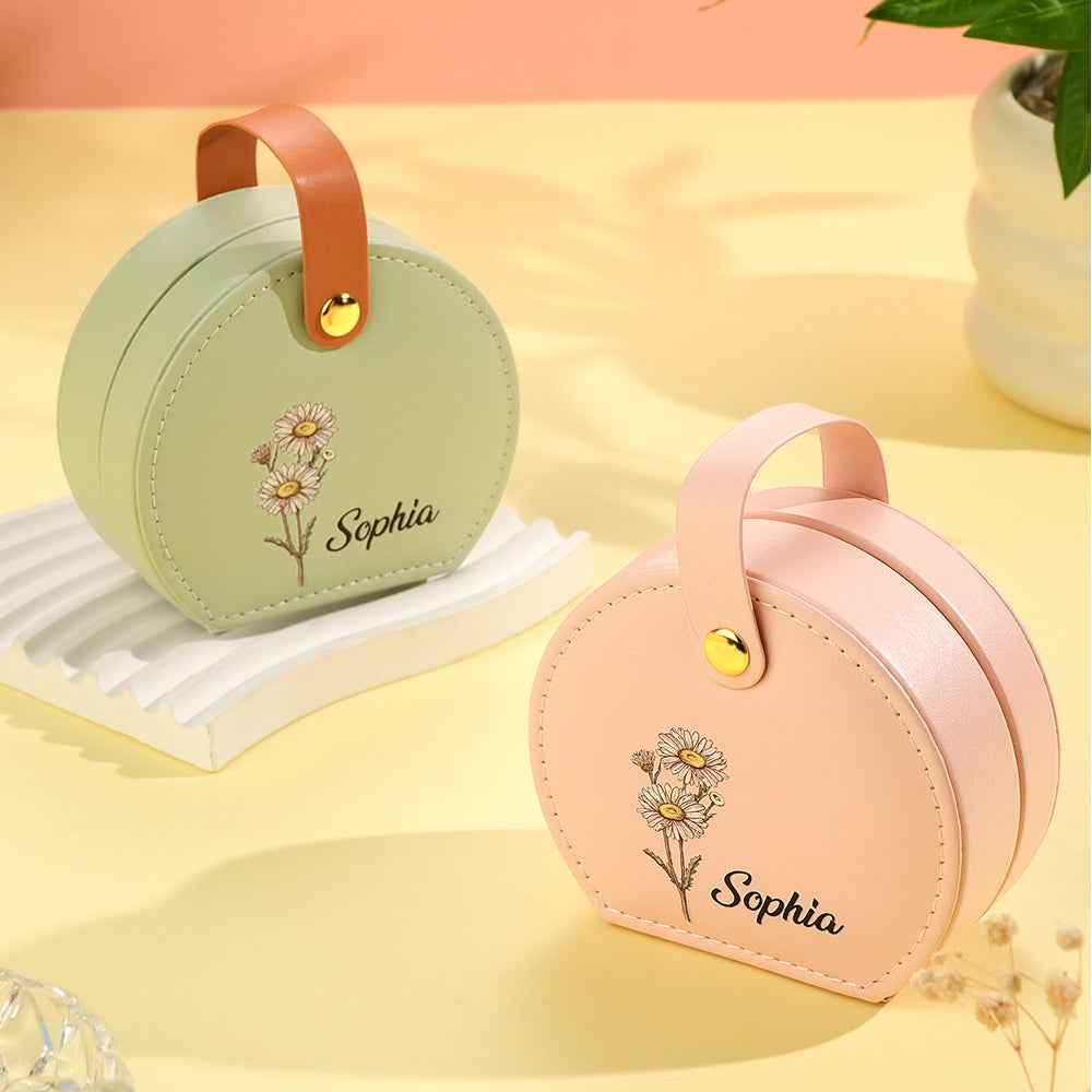 Personalized Birth Flower Jewelry Box with Name PU Leather Jewelry Box Birthday Gift for Her
