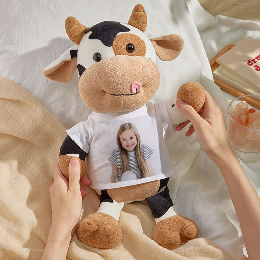 Personalised cow plush with custom photo on belly, 31 x 40 cm soft toy filled with PP cotton — personalised photo gift for kids