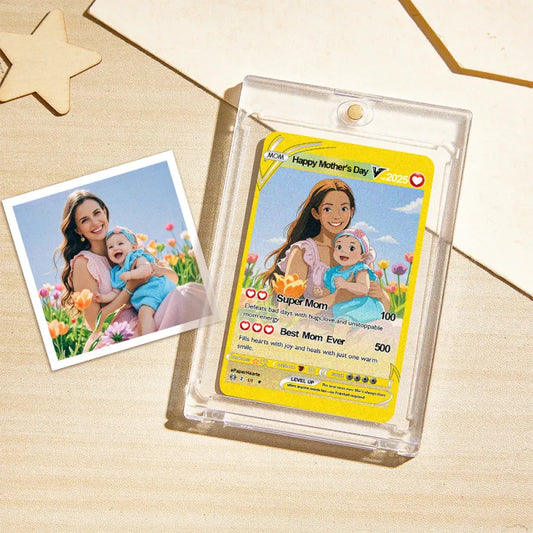 Custom Mother's Day Poke Card – personalised anime-inspired portrait of Mum printed on glossy stainless steel (W11×H7.3 cm), ideal personalised photo gift