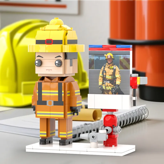 Personalised full‑body firefighter custom brick figure made from your photo, front view showing customised helmet, uniform and hairstyle — perfect personalised firefighter figure gift