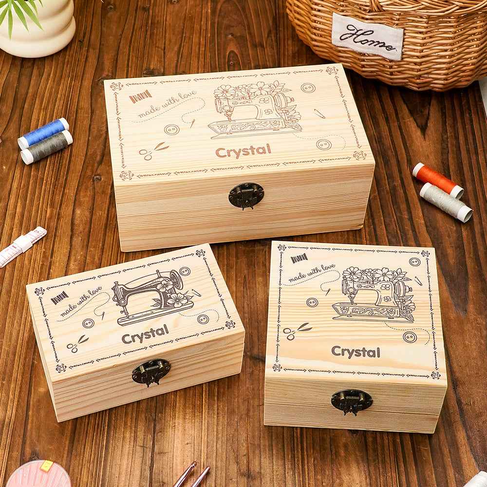 Personalized Sewing Machine Pattern Wooden Storage Box Gift for Seamstress Sewing Enthusiast