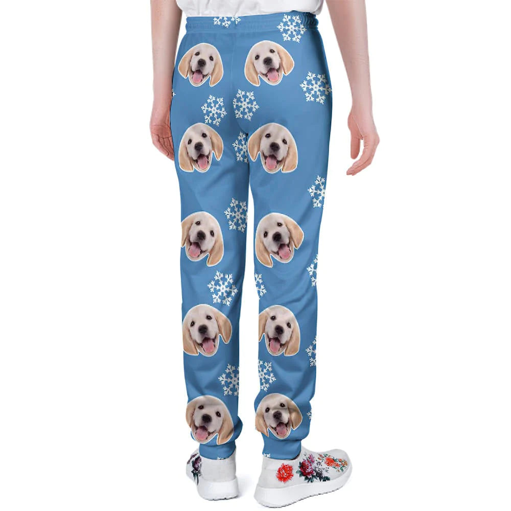 Close-up of vibrant dog face print on unisex joggers — high‑definition sublimation that won’t fade or peel