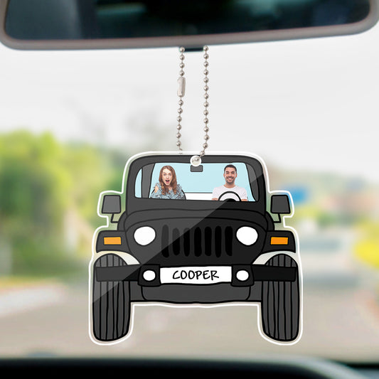 Personalised off-road car photo ornament, double-sided acrylic hanging keepsake with a customised 4x4 image and name, supplied with copper chain