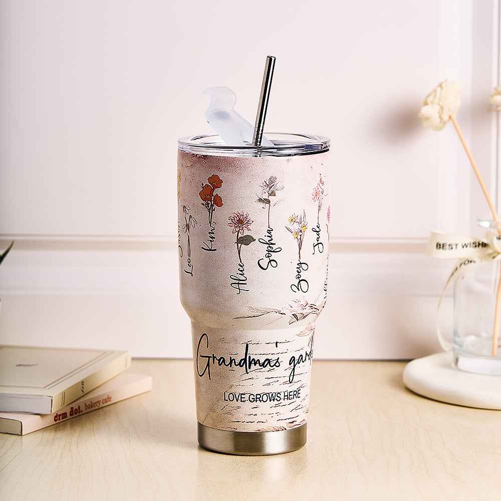Custom 30oz Insulated Tumbler with Watercolor Birth Flower Name Text – Perfect Birthday Gift for Mom or Grandma