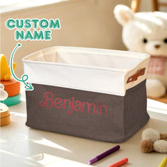 Personalised Linen Storage Basket with Name - Custom Toy Organiser Bin for Children
