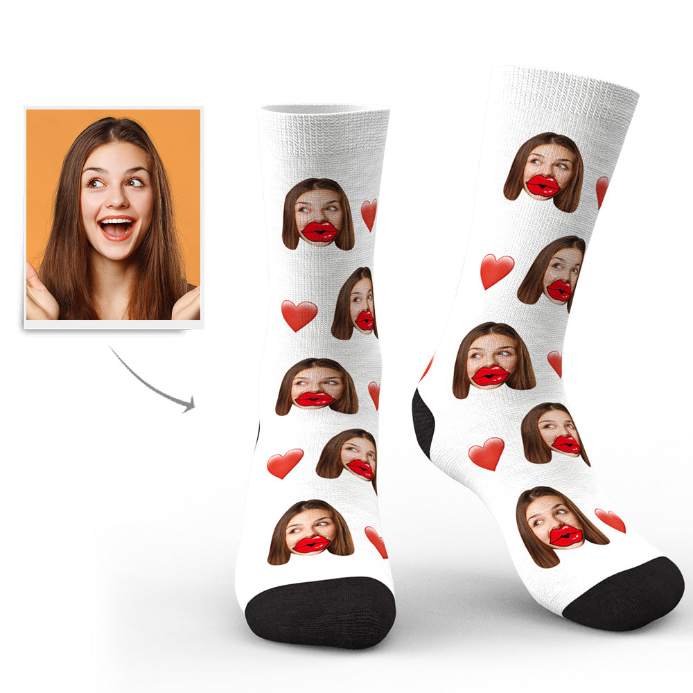 Flat-lay of personalised custom face socks displaying print placement and stitching quality — perfect novelty gift or wedding party keepsake