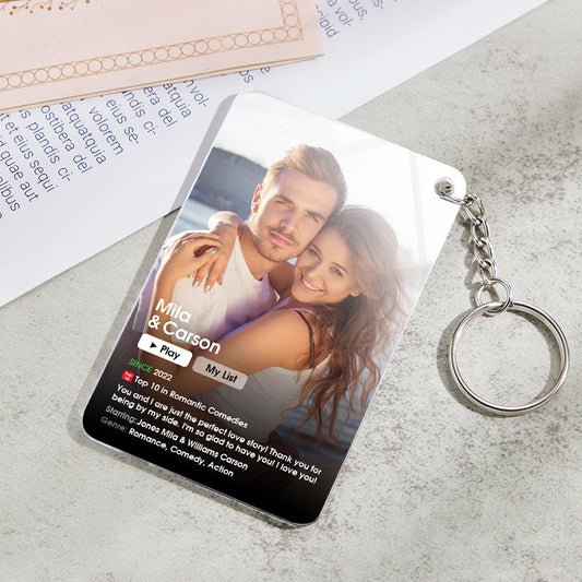 Personalised Movie Poster Acrylic Plaque with custom couple photo and engraved name — personalised acrylic photo & text keepsake, 120mm x 160mm