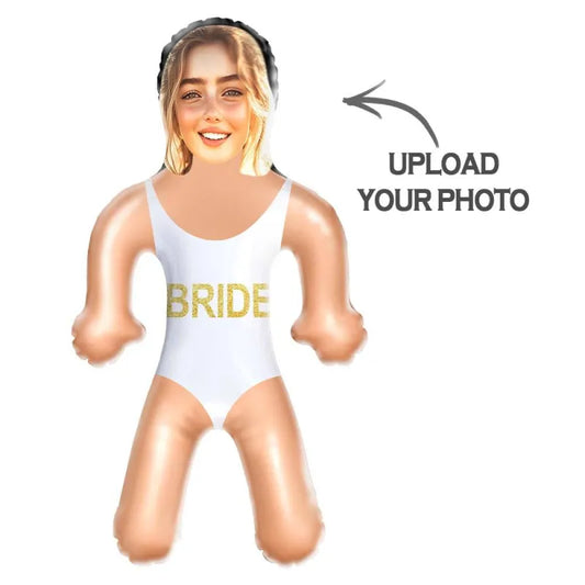 Close-up of the printed custom face on the inflatable doll for a personalised photo gift.