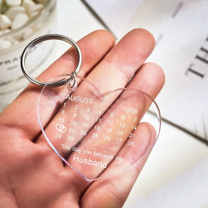 Close up of UV printed personalised calendar keyring showing vivid colours and crisp custom date perfect wedding gift