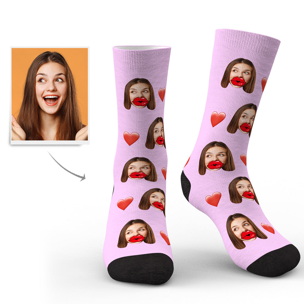 Pair of personalised custom face socks side by side highlighting vivid colours and wear-resistant print — great for birthdays and Valentine’s gifts