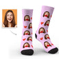 Pair of personalised custom face socks side by side highlighting vivid colours and wear-resistant print — great for birthdays and Valentine’s gifts