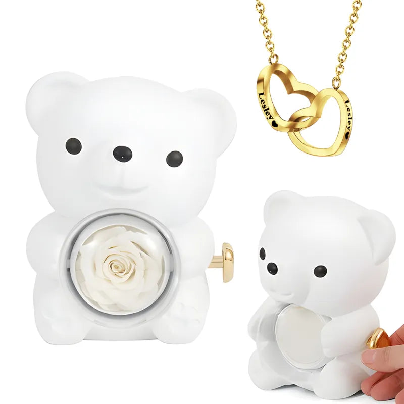 Velvet display of the personalised engraved necklace alongside the rose bear — perfect proposal or bridal keepsake gift idea