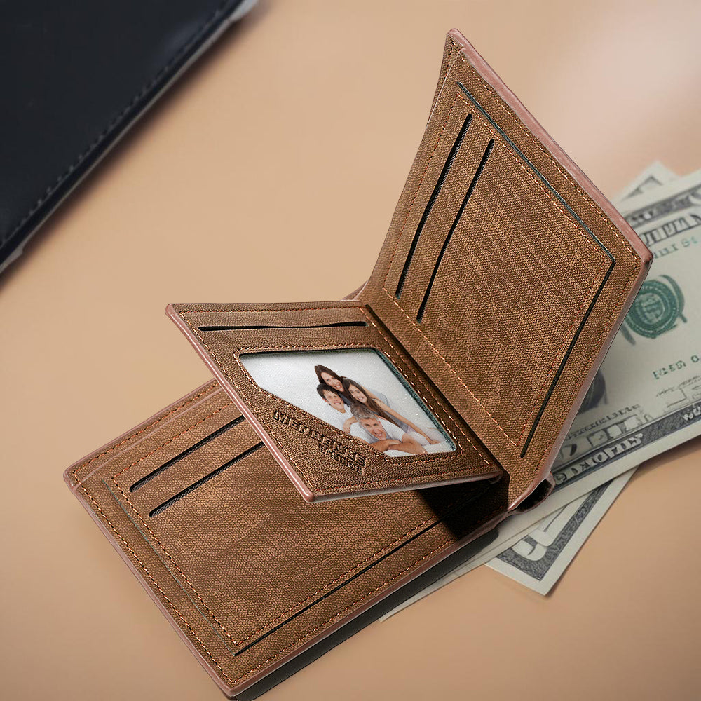 Selection of personalised PU leather wallets showing different photo and text customisation options — custom gifts for him