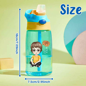 Personalized Cartoon Birth Flower Water Bottle with Straw 16oz Water Bottle Gift for Kids