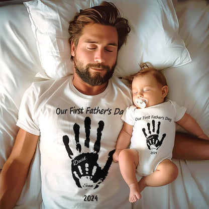 Personalised handprint baby t-shirt in soft 100% cotton with custom printed handprint and name — perfect first Father's Day gift keepsake