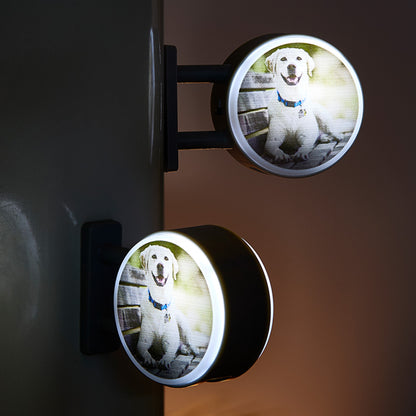 Personalised photo fridge magnet with light showing a glowing family photo on a stainless-steel fridge — custom LED photo magnet