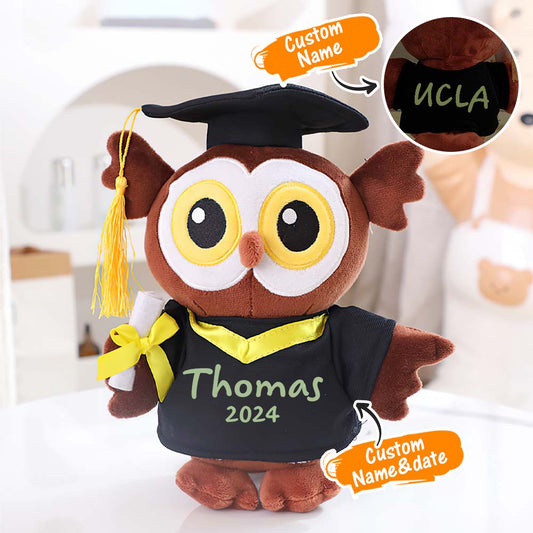 Personalised graduation owl plush with custom name and graduation date printed on soft plush – 23cm x 18cm keepsake gift