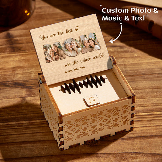 Personalised wooden music box with custom photo on the front and optional engraved text — voice recording MP3 keepsake, ideal Mother's Day or anniversary gift