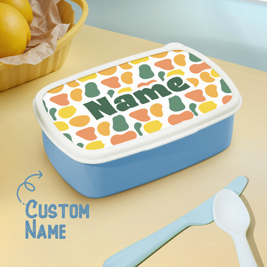 Personalised colourful kids lunch box with name on a bright pattern — plastic school lunch box ideal as a birthday gift