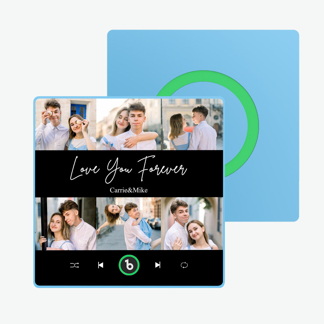 Couple choosing a personalised song for their FridgeBeats music fridge magnet — creating a meaningful Valentine’s Day gift with custom photo and tune