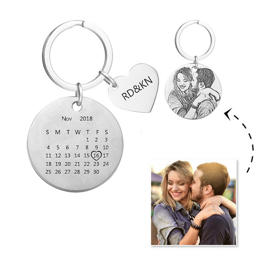 Personalised engraved photo calendar keychain with heart-shaped photo pendant and round calendar disc on a stainless steel keyring — UV printed photo and laser-engraved anniversary date keepsake