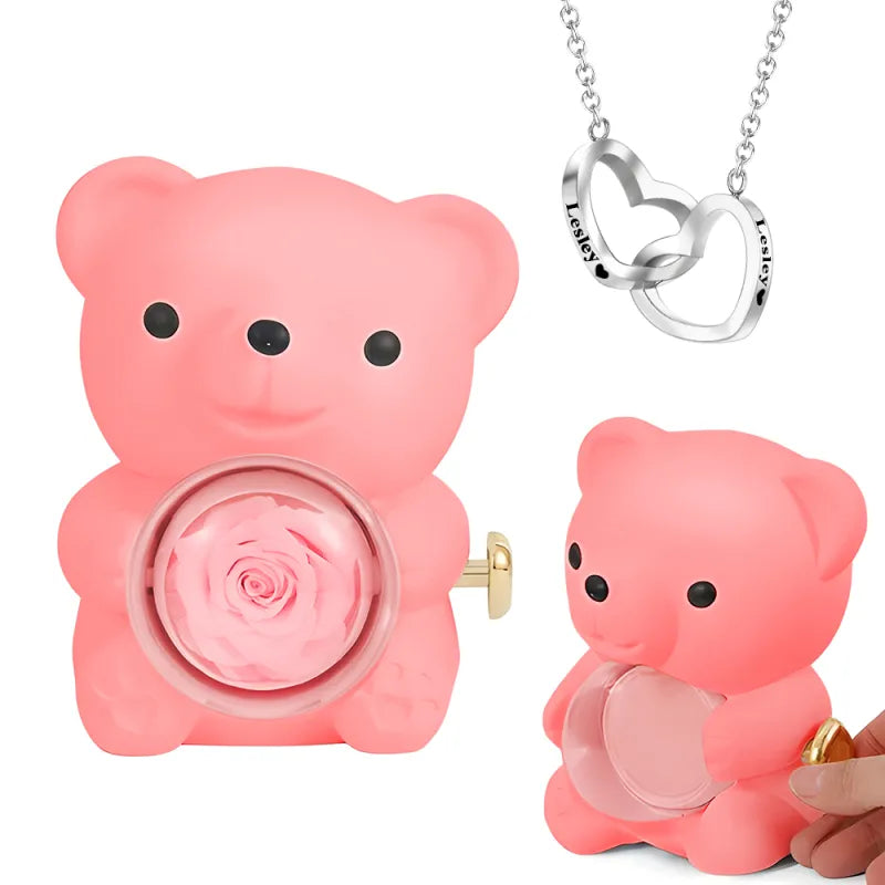 Example custom engraving on the pendant showing a name and date — personalise your Eternal Rose Bear Jewellery Set for a meaningful gift