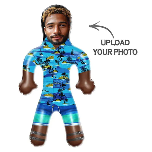 Close-up of the customised face print on the inflatable blow-up doll, showing the photo-based personalization