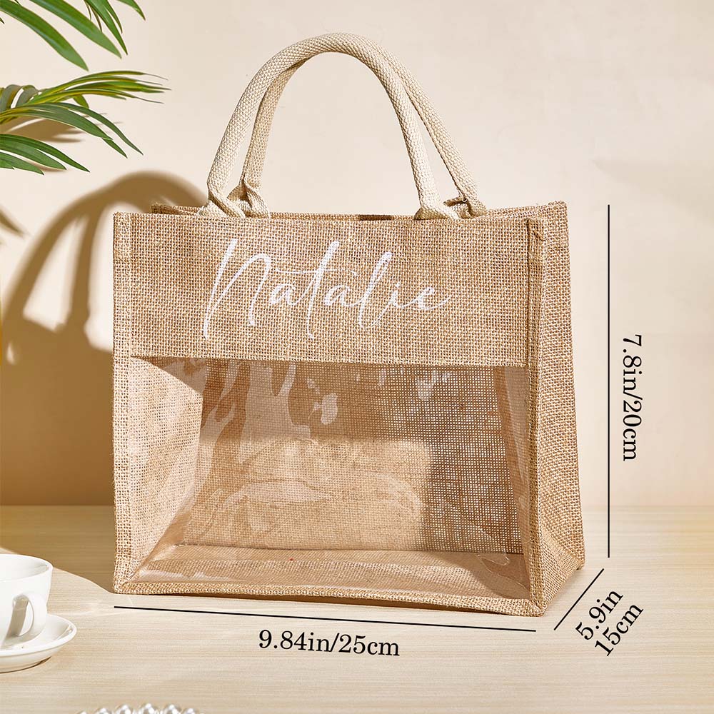 Close-up of personalised monogram print on natural burlap texture – rustic-chic bridesmaid gift bag and monogram detail