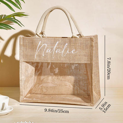 Close-up of personalised monogram print on natural burlap texture – rustic-chic bridesmaid gift bag and monogram detail