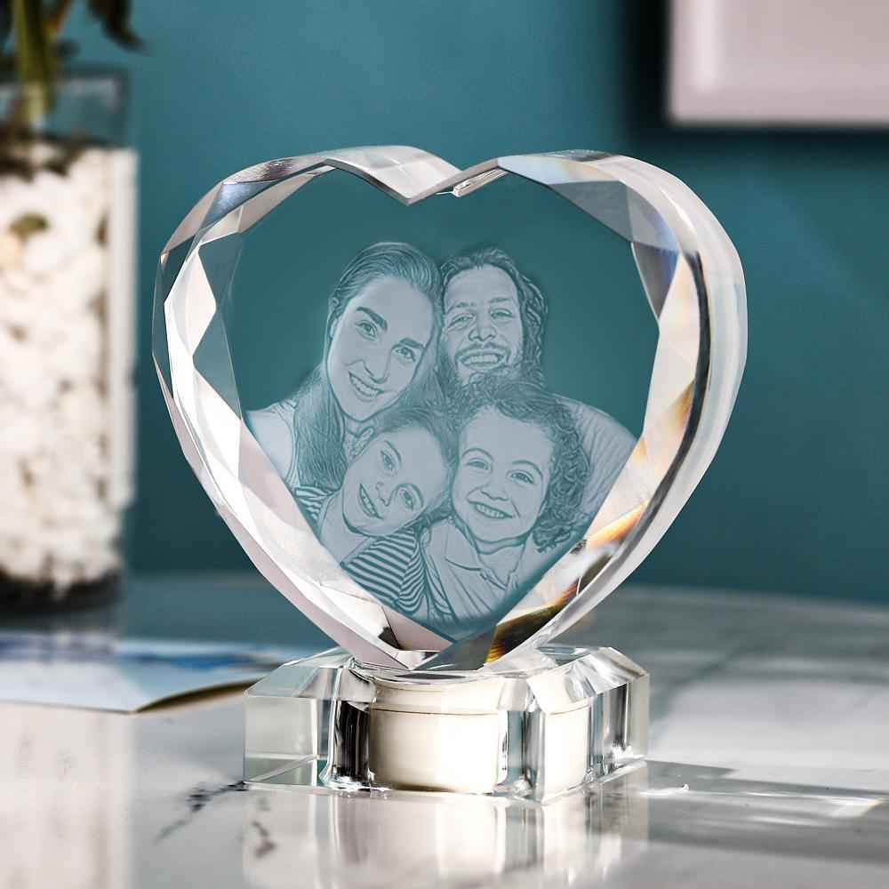 3D Laser Engraved Heart Crystal Photo Frame with Light Up LED Base