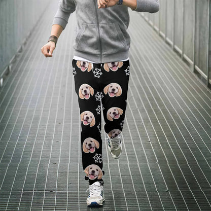 Detailed shot of stitching and print clarity on personalised dog face sweatpants — durable construction with vivid sublimation colours