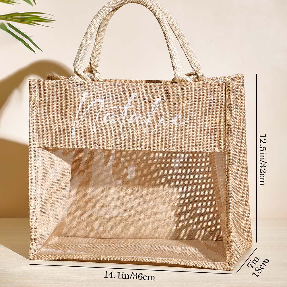 Interior view of personalised burlap tote showing roomy compartment for beauty essentials and a small robe – perfect bridesmaid proposal present