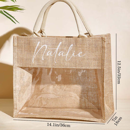 Interior view of personalised burlap tote showing roomy compartment for beauty essentials and a small robe – perfect bridesmaid proposal present