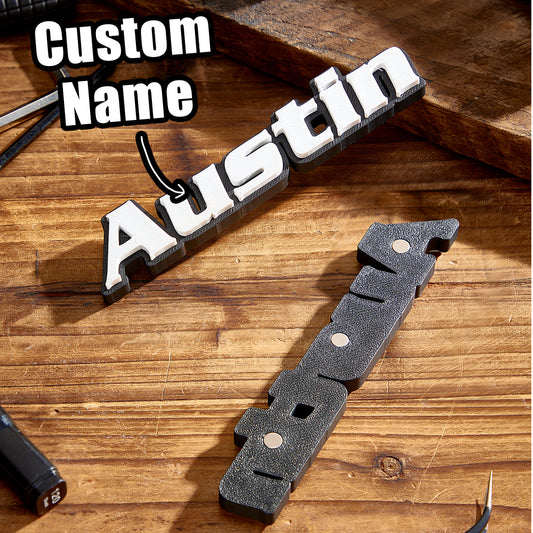 Personalised 3D name toolbox magnet fixed to a metal toolbox – custom tool label and magnetic nameplate, ideal mechanic gift or dad workshop gift