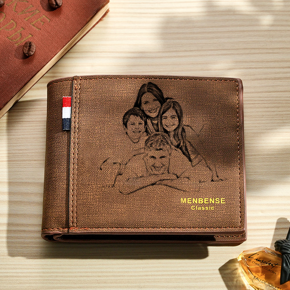 Angled view of personalised photo wallet highlighting high‑resolution photo print and smooth PU leather finish — personalised gift for boyfriend or husband