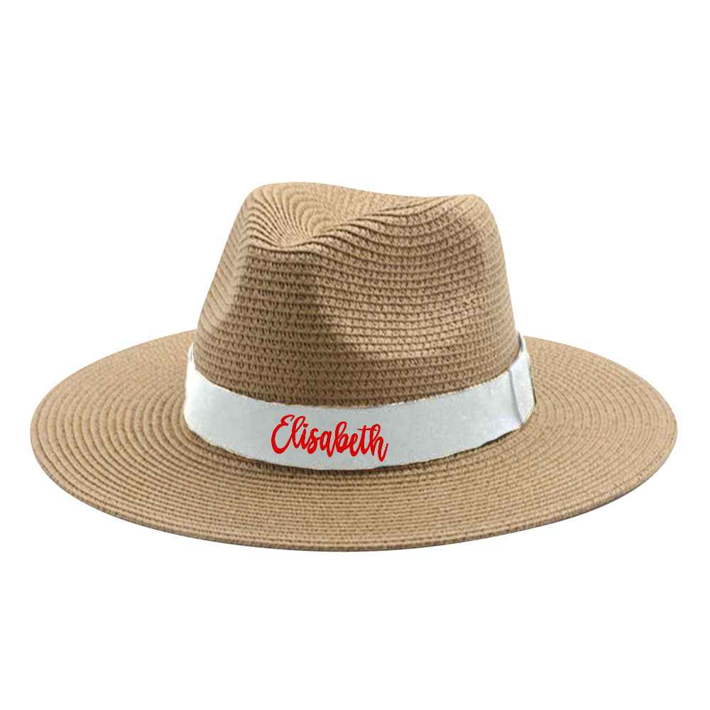 Personalized Straw Fedora Hat with White Band Custom Beach Hat Gift for Bridesmaid Friends Family Bachelorette Party