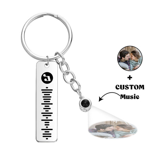 Personalised projection music code metal keychain with engraved plaque and photo projection sphere – custom song keyring gift
