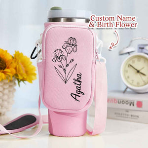 Personalized Birth Flower Waterproof Bottle Carrier Bag for 40oz Stanley Tumbler Gift for Her