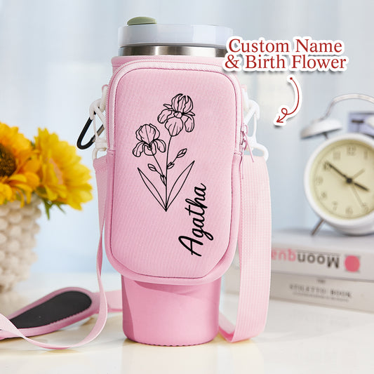 Front view of personalised birth flower waterproof neoprene bottle carrier for 40oz Stanley tumbler, custom floral name design – gift for her