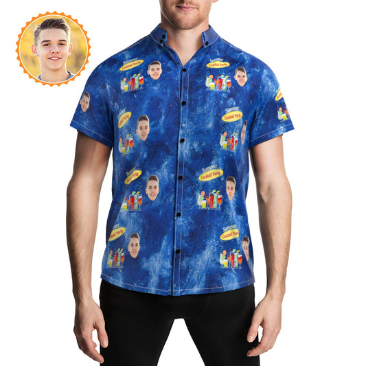Custom printed face Hawaiian shirt front view – personalised Aloha cocktail shirt for men with high‑resolution photo print, camp collar, short sleeves and vivid colours