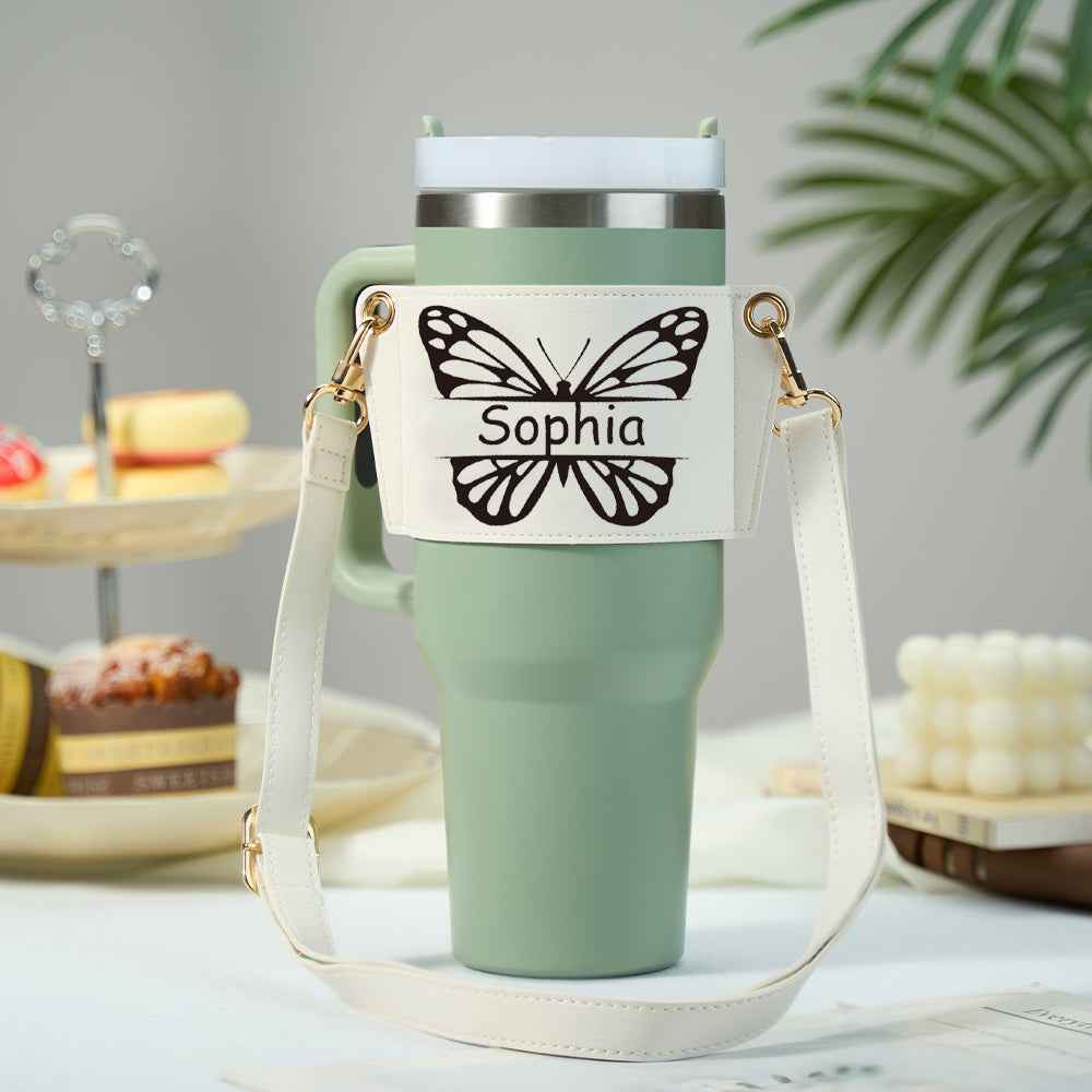 Personalized Butterfly Water Bottle Carrier Bag for 40oz Stanley Tumbler with Adjustable Strap Gift for Women