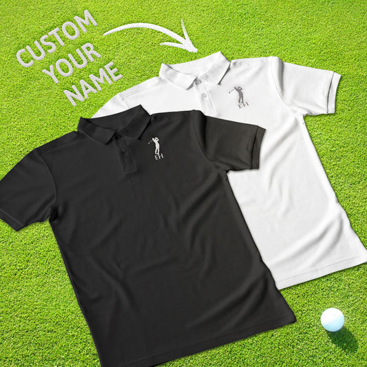 Front view of personalised men's embroidered golf polo shirt in black — short-sleeved with lapel collar, breathable polyester