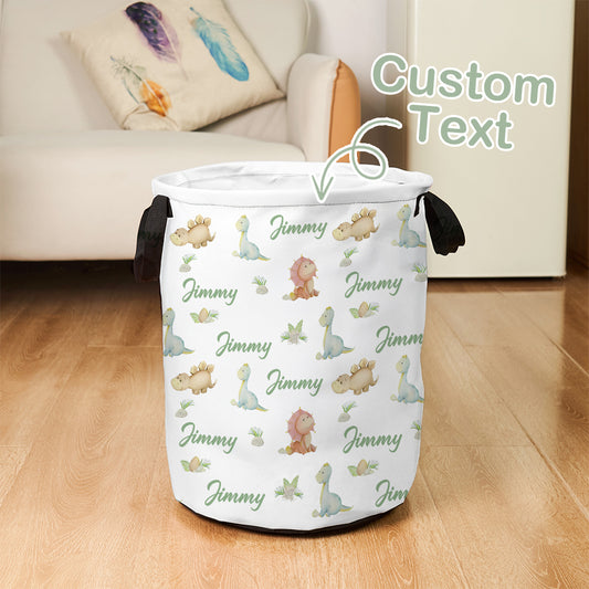 Personalised dinosaur storage basket with name on durable Oxford cloth, a kids organiser for bedrooms, nurseries and playrooms.