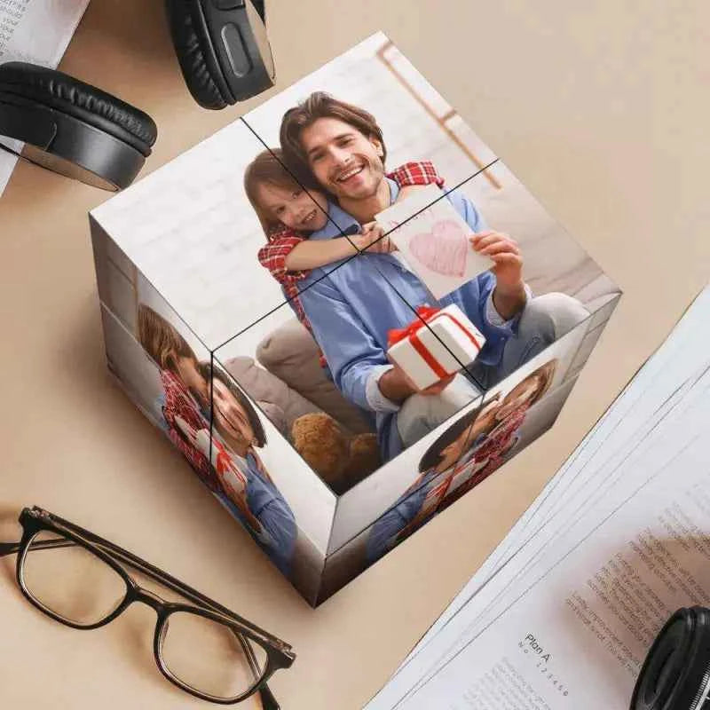 Custom Photo Cube Infinity Folding Multiphoto Cube with Wooden Base Father's Day Gifts